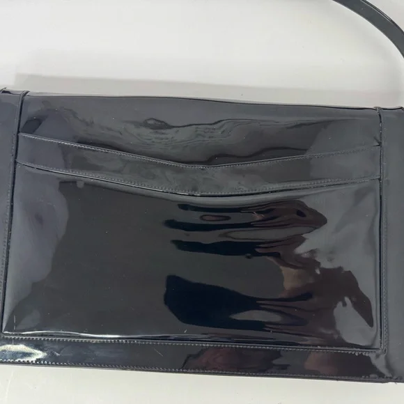Vintage Lou Taylor Black Patent Leather Clutch w/ Swivel Mirror & Strap Shoulder Bags
